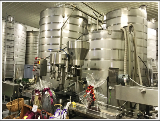 Fermentation tanks behind wine tasting area.